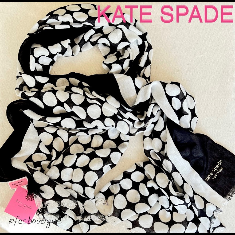 KATE SPADE Dancefloor oblong scarf black and white polka dots - Picture 2 of 12